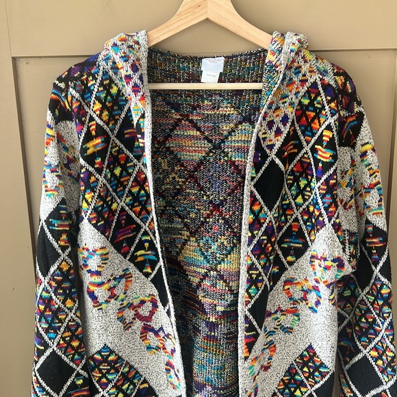 Northern Angel Sz L Long Line Open Front Duster Cardigan Aztec Rainbow Geometric - Picture 2 of 8